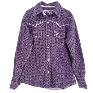 Cowgirl Hardware Girls Purple Geometric Rhinestone Western Snap Shirt Size M 7/8
